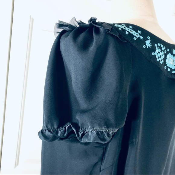 Tory Burch Silk Embroidered Puff Short Sleeves Sheath Black Lined Dress Size 14 - Picture 11 of 16